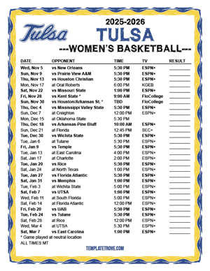 Tulsa Golden Hurricane women's basketball 2025-26 Printable Schedule - Mountain Times