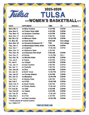 Tulsa Golden Hurricane women's basketball 2025-26 Printable Schedule - Pacific Times