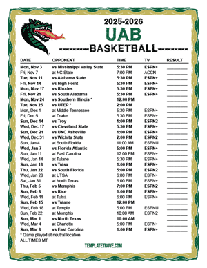 UAB Blazers Basketball 2025-26 Printable Schedule - Mountain Times