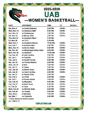 UAB Blazers women's basketball 2025-26 Printable Schedule - Central Times