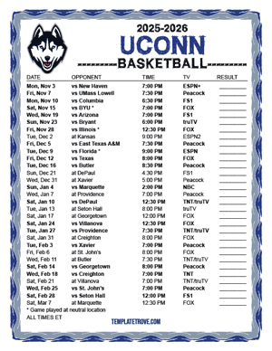 2024-25 Printable UConn Huskies Basketball Schedule