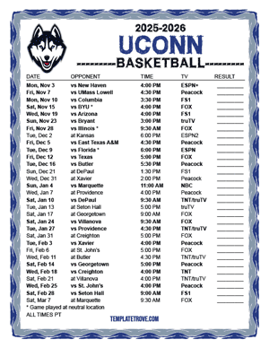 UConn Huskies Basketball 2025-26 Printable Schedule - Pacific Times