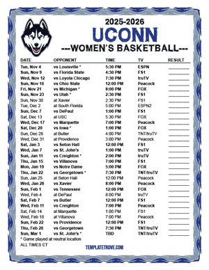 2024-25 Printable UConn Huskies Women's Basketball Schedule