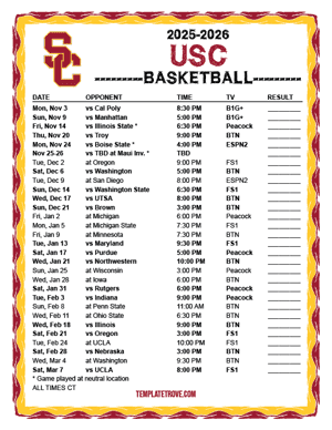 USC Trojans Basketball 2025-26 Printable Schedule - Central Times