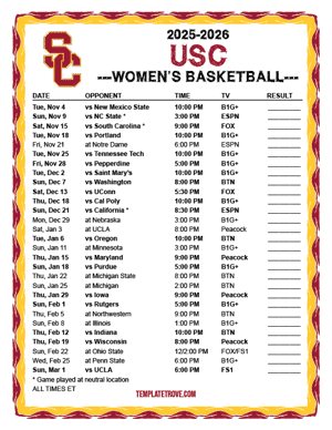 2024-25 Printable USC Trojans Women's Basketball Schedule