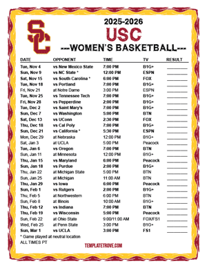 USC Trojans Women's Basketball 2025-26 Printable Schedule - Pacific Times