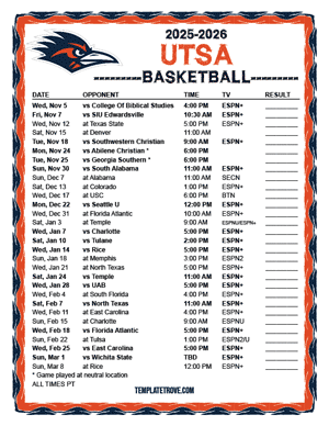 UTSA Roadrunners Basketball 2025-26 Printable Schedule - Pacific Times