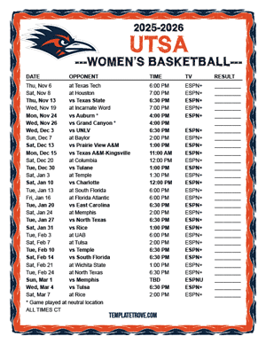 UTSA Roadrunners women's basketball 2025-26 Printable Schedule - Central Times