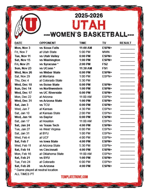 Utah Utes Women's Basketball 2025-26 Printable Schedule - Pacific Times