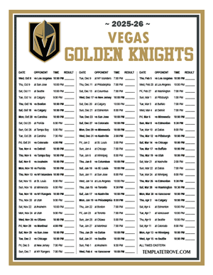 Vegas Golden Knights 2025-26 Printable Schedule