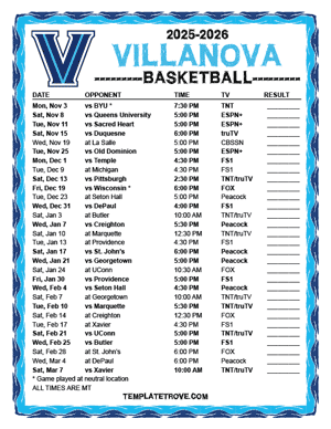 Villanova Wildcats Basketball 2025-26 Printable Schedule - Mountain Times