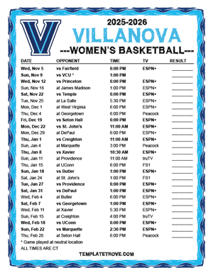 Villanova Wildcats Women's Basketball 2025-26 Printable Schedule - Central Times