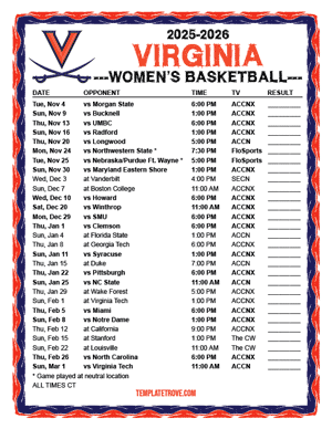 Virginia Cavaliers women's basketball 2025-26 Printable Schedule - Central Times