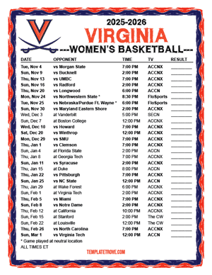 2025-26 Printable Virginia Cavaliers Women's Basketball Schedule