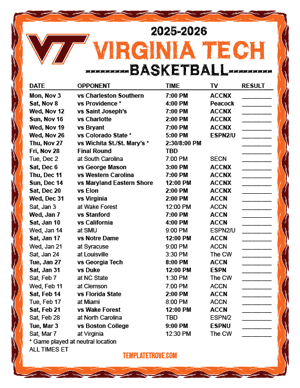 2024-25 Printable Virginia Tech Hokies Basketball Schedule