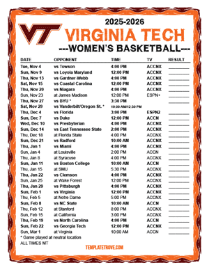 Virginia Tech Hokies women's basketball 2025-26 Printable Schedule - Mountain Times