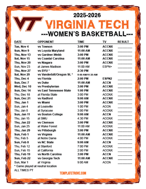 Virginia Tech Hokies women's basketball 2025-26 Printable Schedule - Pacific Times