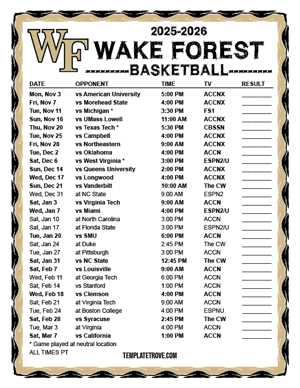 Wake Forest Demon Deacons Basketball 2025-26 Printable Schedule - Pacific Times