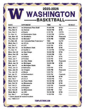 2024-25 Printable Washington Huskies Basketball Schedule