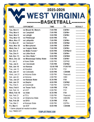 2024-25 Printable West Virginia Mountaineers Basketball Schedule