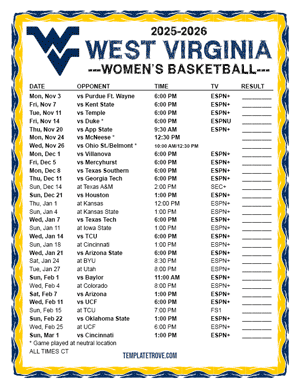 West Virginia Mountaineers Women's Basketball 2025-26 Printable Schedule - Central Times