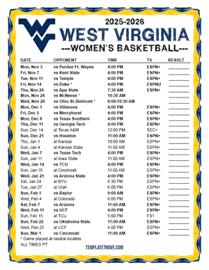 West Virginia Mountaineers Women's Basketball 2025-26 Printable Schedule - Pacific Times
