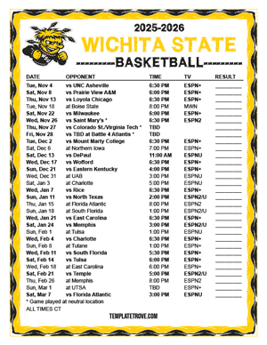 Wichita State Shockers Basketball 2025-26 Printable Schedule - Central Times