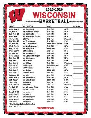 Wisconsin Badgers Basketball 2025-26 Printable Schedule - Pacific Times