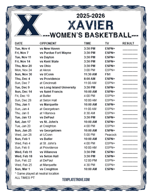 Xavier Musketeers Women's Basketball 2025-26 Printable Schedule - Pacific Times