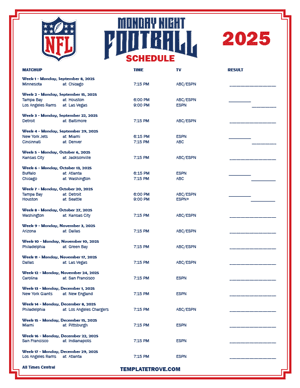 2025 Printable NFL Monday Night Football Schedule - Central Times