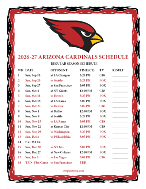 Arizona Cardinals 2026-27
 Printable Schedule - Central Times