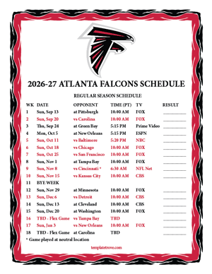 Atlanta Falcons 2026-27
 Printable Schedule - Pacific Times