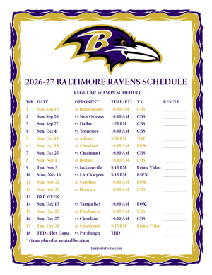 Baltimore Ravens 2026-27
 Printable Schedule - Pacific Times