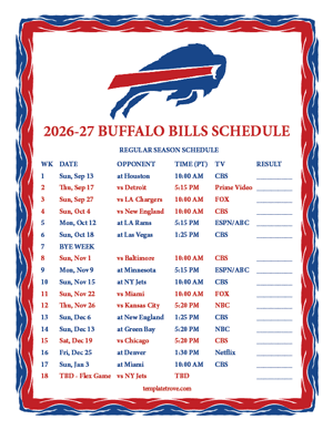 Buffalo Bills 2026-27
 Printable Schedule - Pacific Times