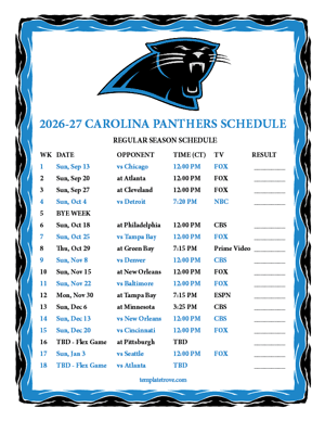 Carolina Panthers 2026-27
 Printable Schedule - Central Times
