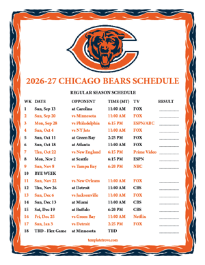 Chicago Bears 2026-27
 Printable Schedule - Mountain Times