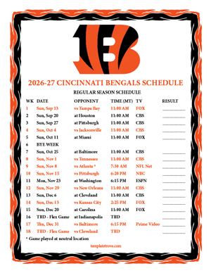 Cincinnati Bengals 2026-27
 Printable Schedule - Mountain Times