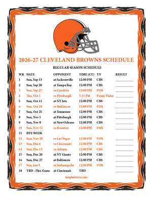 Cleveland Browns 2026-27
 Printable Schedule - Central Times