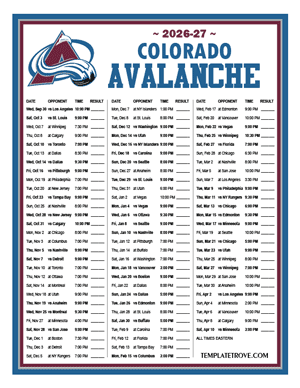Colorado Avalanche 2026-27 Printable Schedule