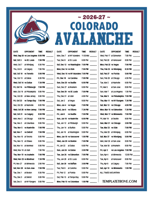 Colorado Avalanche 2026-27 Printable Schedule - Mountain Times