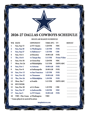 Dallas Cowboys 2026-27
 Printable Schedule - Pacific Times