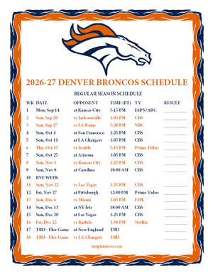 Denver Broncos 2026-27
 Printable Schedule - Pacific Times