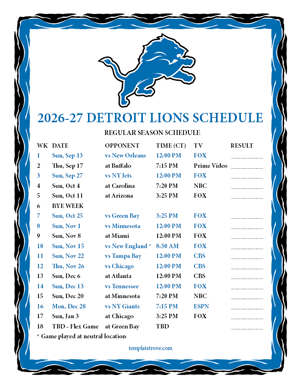 Detroit Lions 2026-27
 Printable Schedule - Central Times