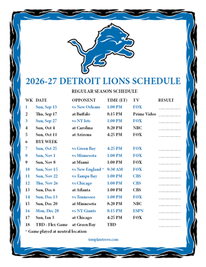 Detroit Lions 2026-27
 Printable Schedule