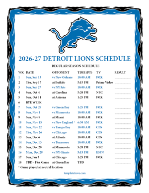 Detroit Lions 2026-27
 Printable Schedule - Pacific Times