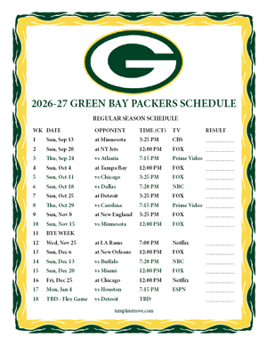 Green Bay Packers 2026-27
 Printable Schedule - Central Times