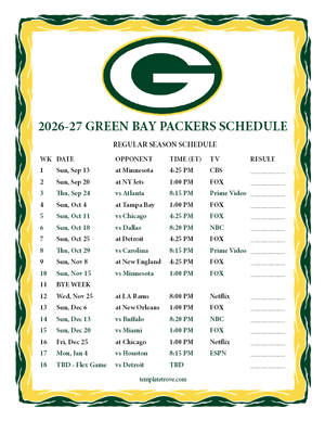 Green Bay Packers 2026-27
 Printable Schedule