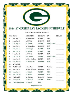 Green Bay Packers 2026-27
 Printable Schedule - Pacific Times