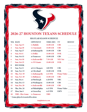 Houston Texans 2026-27
 Printable Schedule - Mountain Times