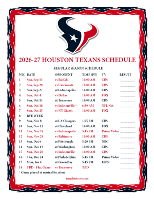 Houston Texans 2026-27
 Printable Schedule - Pacific Times